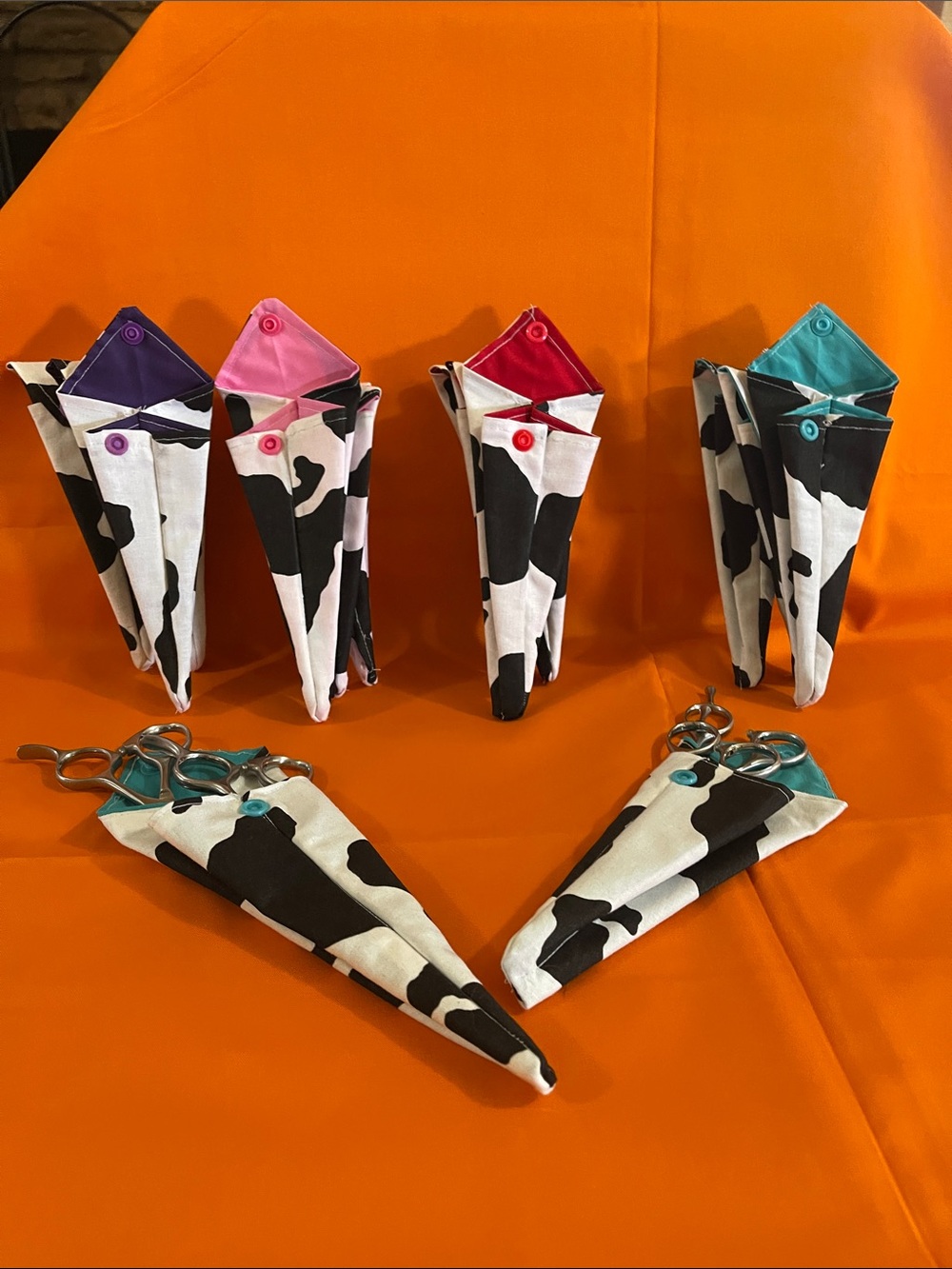 Cow Print Kids Scissor Pouch with Pink, Purple, Red and Teal Snap Interiors